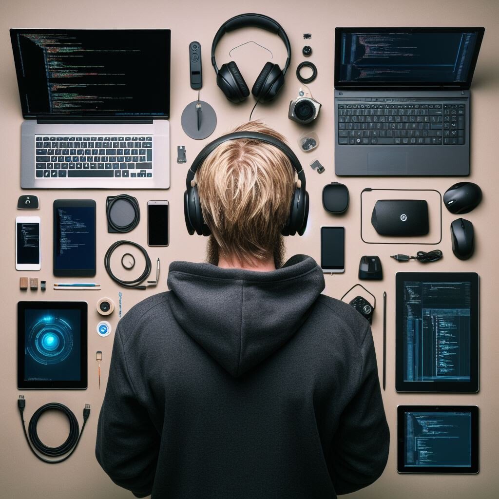 Illustration of a software engineer and his tools.